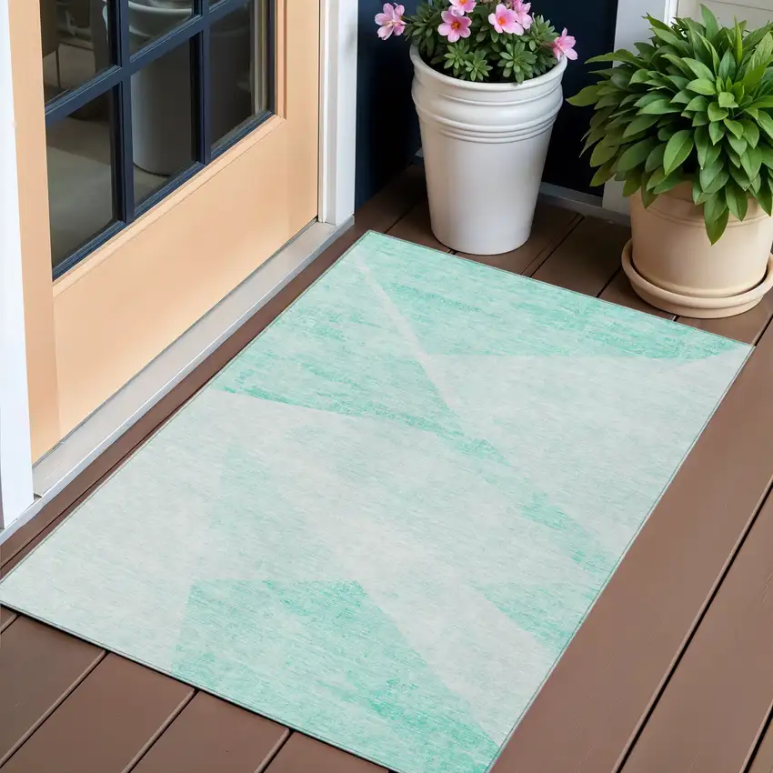 Aqua Sky Blue And Ivory Abstract Washable Indoor Outdoor Area Rug Photo 1