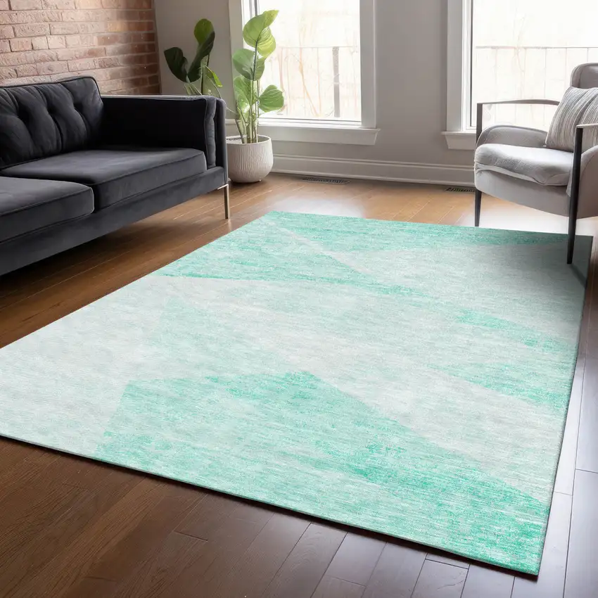 Aqua Sky Blue And Ivory Abstract Washable Indoor Outdoor Area Rug Photo 7