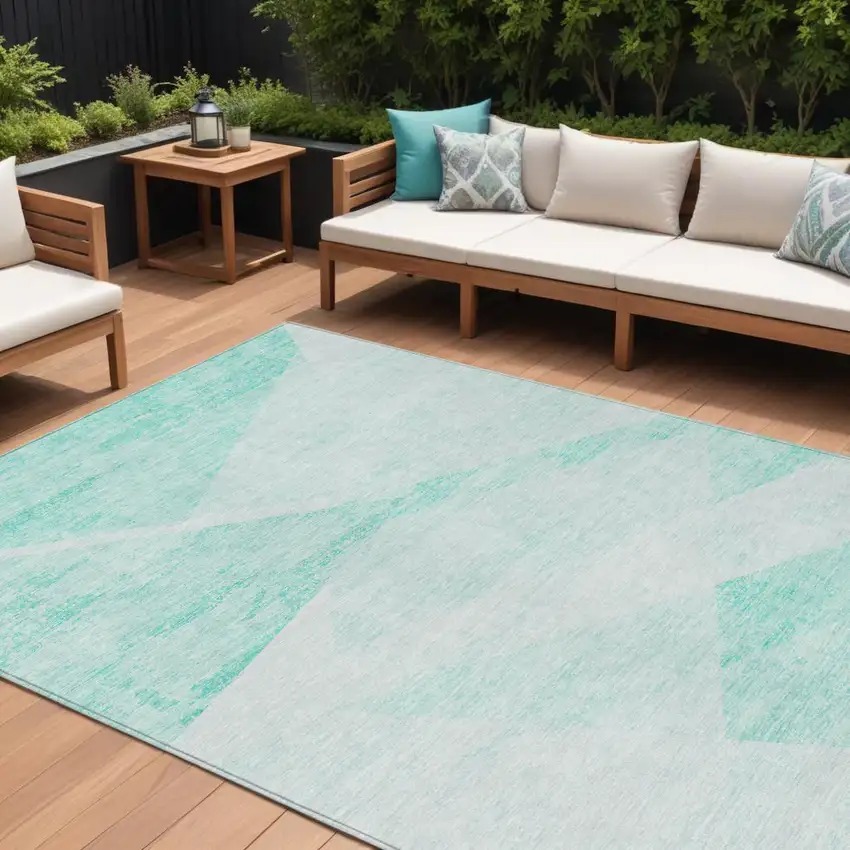 Aqua Sky Blue And Ivory Abstract Washable Indoor Outdoor Area Rug Photo 1