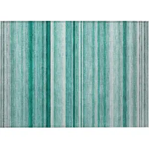 Photo of Aqua Striped Washable Non Skid Indoor Outdoor Area Rug