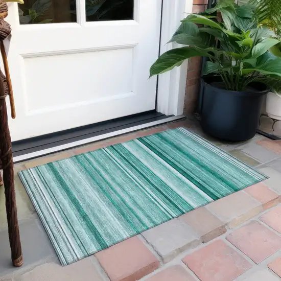 Aqua Striped Washable Indoor Outdoor Area Rug Photo 7