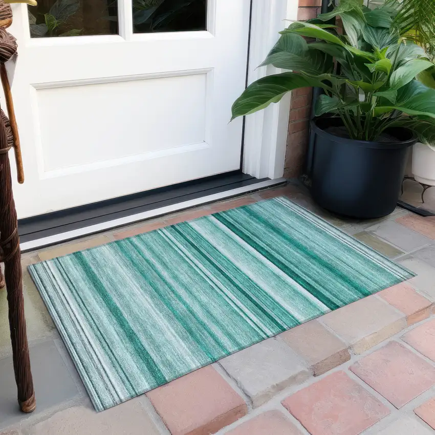 Aqua Striped Washable Indoor Outdoor Area Rug Photo 7