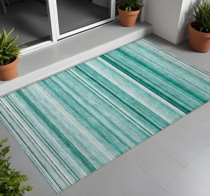 Aqua Striped Washable Non Skid Indoor Outdoor Area Rug Photo 1