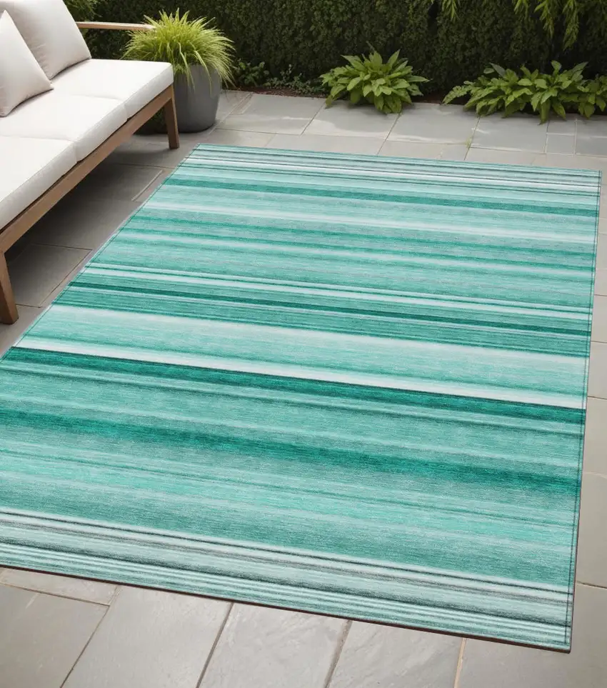 Aqua Striped Washable Indoor Outdoor Area Rug Photo 1