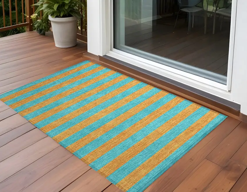 Aqua Striped Washable Non Skid Indoor Outdoor Area Rug Photo 1