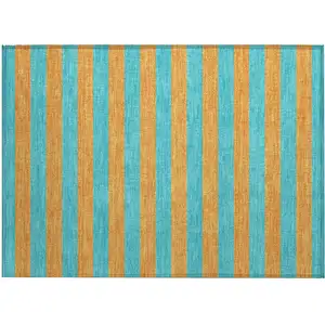 Photo of Aqua Striped Washable Non Skid Indoor Outdoor Area Rug