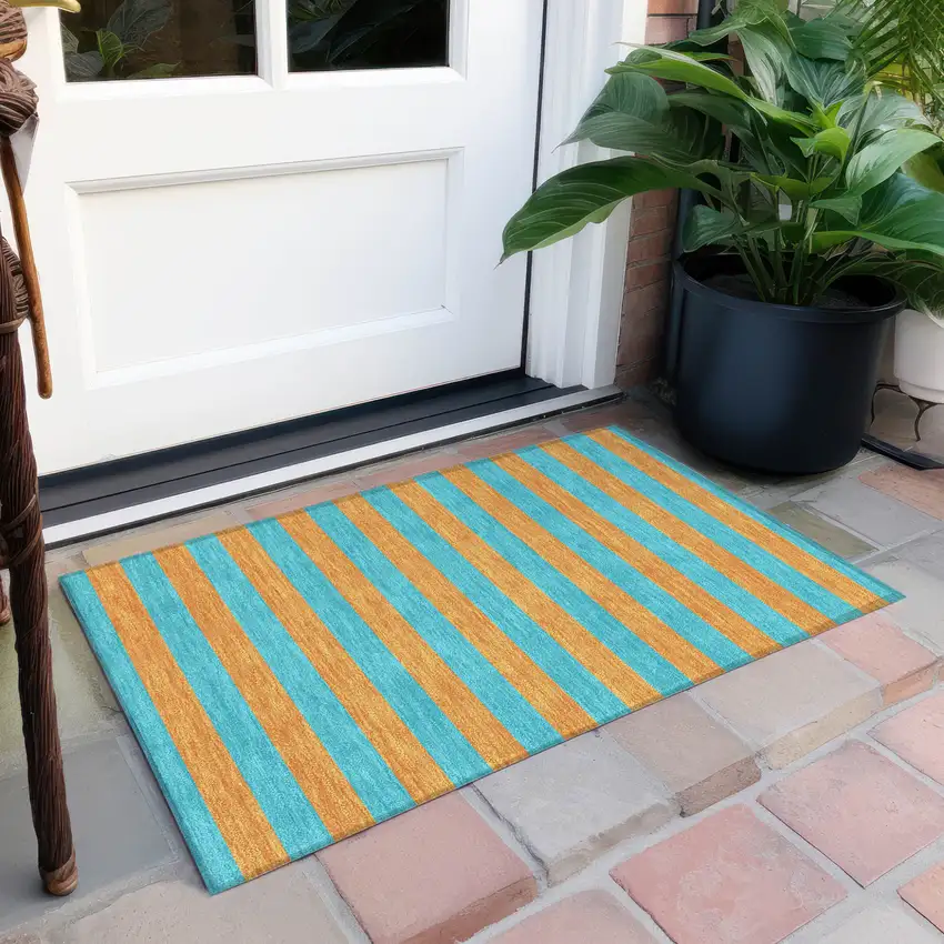 Aqua Striped Washable Non Skid Indoor Outdoor Area Rug Photo 8