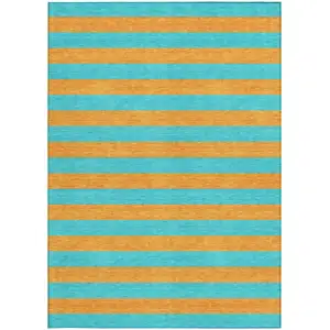 Photo of Aqua Striped Washable Non Skid Indoor Outdoor Area Rug