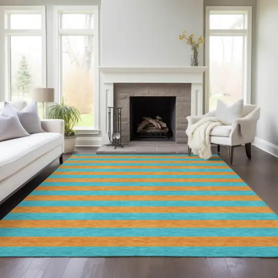 Aqua Striped Washable Non Skid Indoor Outdoor Area Rug Photo 9