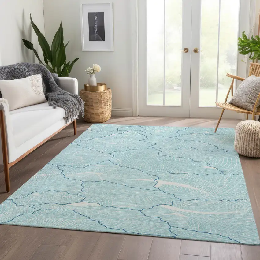 Aqua Teal And Ivory Abstract Washable Area Rug With UV Protection Photo 4