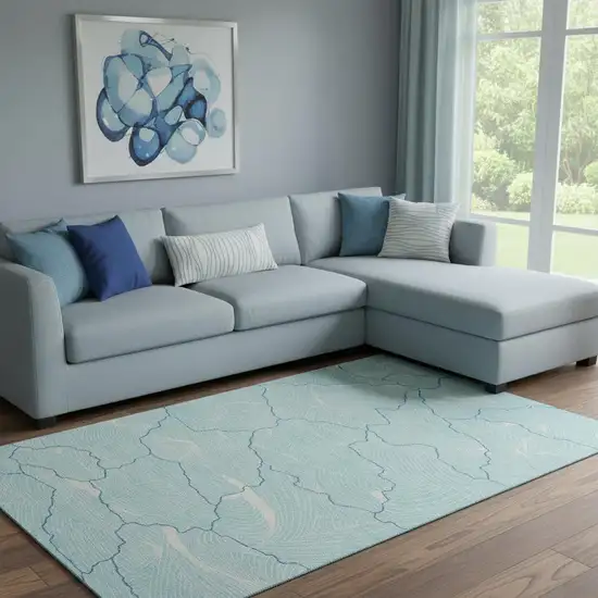 Aqua Teal And Ivory Abstract Washable Area Rug With UV Protection Photo 2