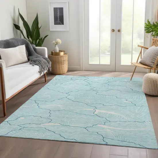 Aqua Teal And Ivory Abstract Washable Area Rug With UV Protection Photo 5