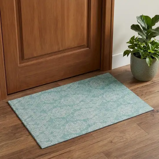 Aqua Teal And Ivory Damask Washable Area Rug With UV Protection Photo 1