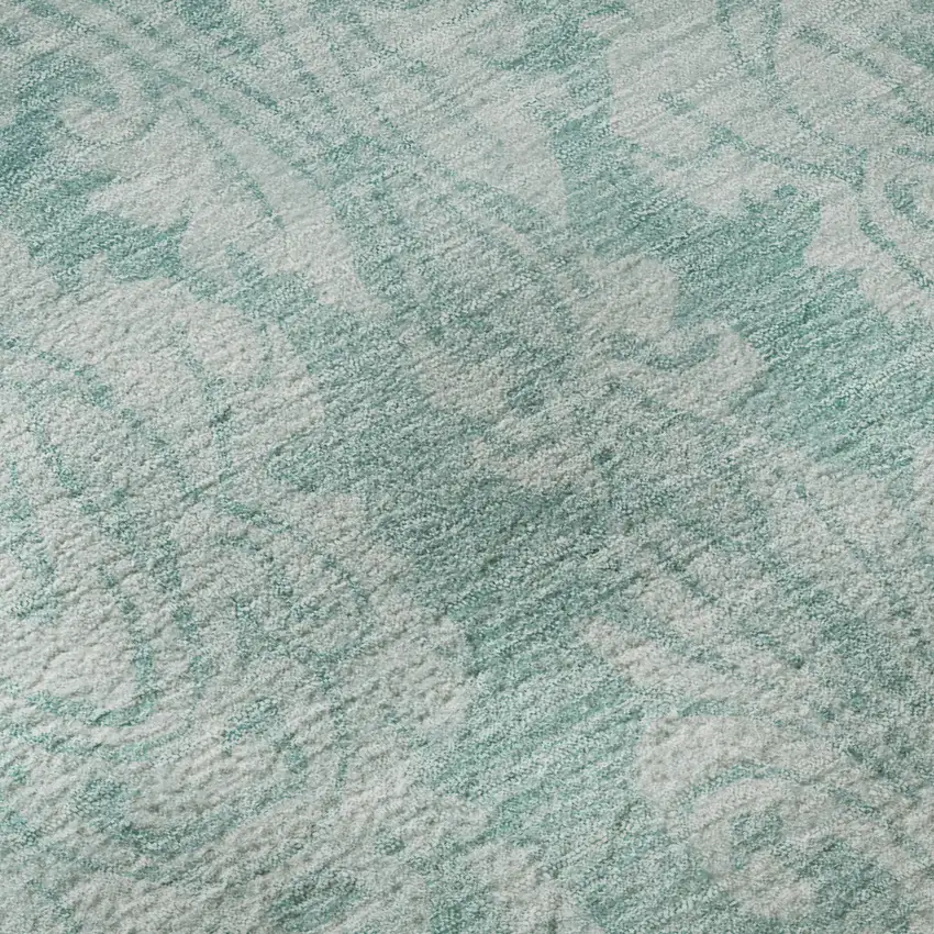 Aqua Teal And Ivory Damask Washable Area Rug With UV Protection Photo 8