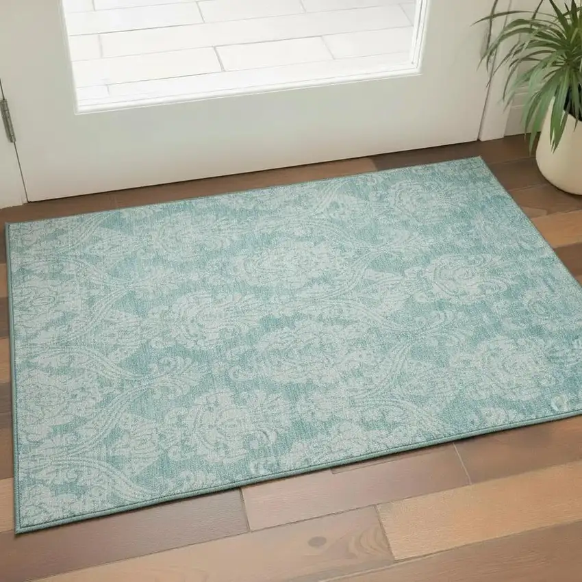 Aqua Teal And Ivory Damask Washable Area Rug With UV Protection Photo 2
