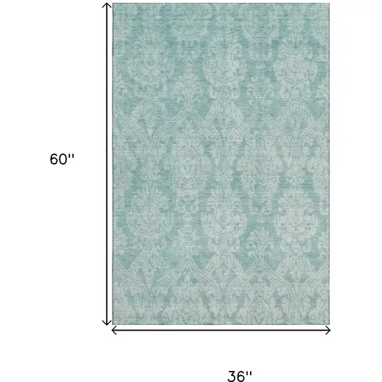 Aqua Teal And Ivory Damask Washable Area Rug With UV Protection Photo 9