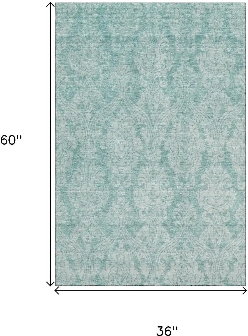 Aqua Teal And Ivory Damask Washable Area Rug With UV Protection Photo 9
