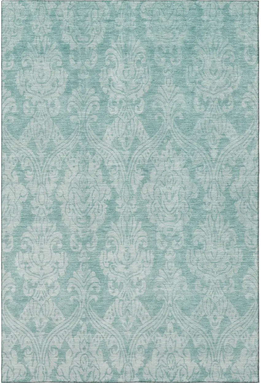 Aqua Teal And Ivory Damask Washable Area Rug With UV Protection Photo 3
