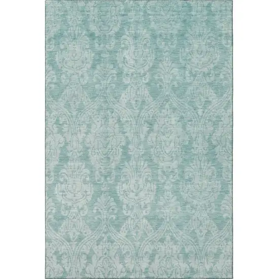 Aqua Teal And Ivory Damask Washable Area Rug With UV Protection Photo 3