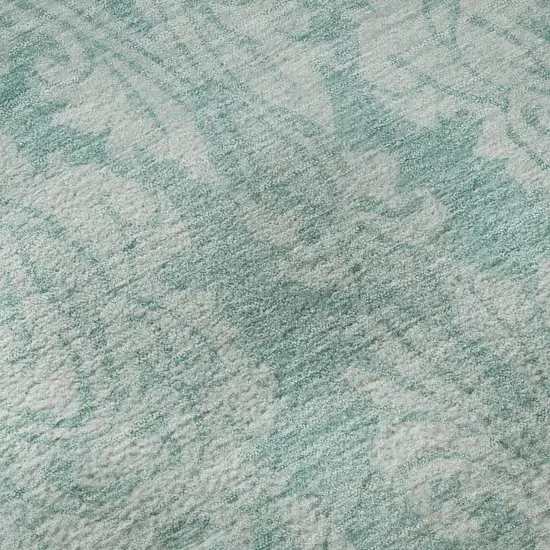 Aqua Teal And Ivory Damask Washable Area Rug With UV Protection Photo 9