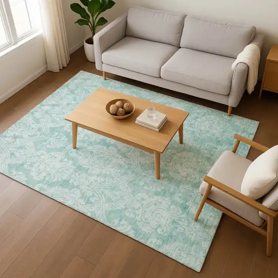 Aqua Teal And Ivory Damask Washable Area Rug With UV Protection Photo 5