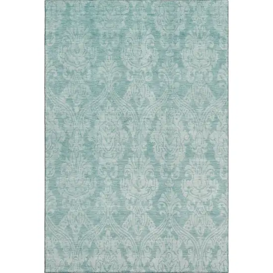 Aqua Teal And Ivory Damask Washable Area Rug With UV Protection Photo 1