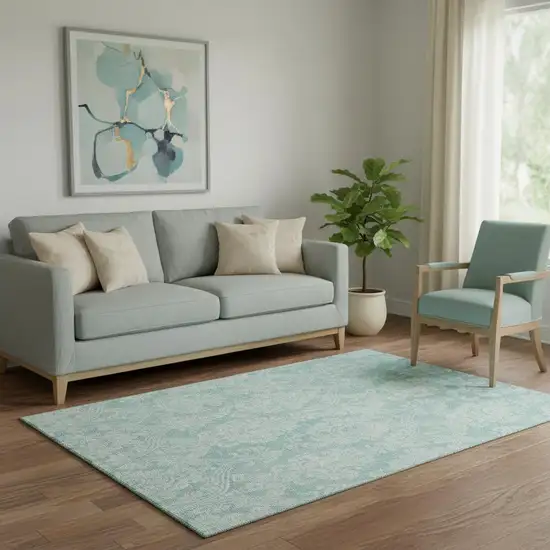 Aqua Teal And Ivory Damask Washable Area Rug With UV Protection Photo 1