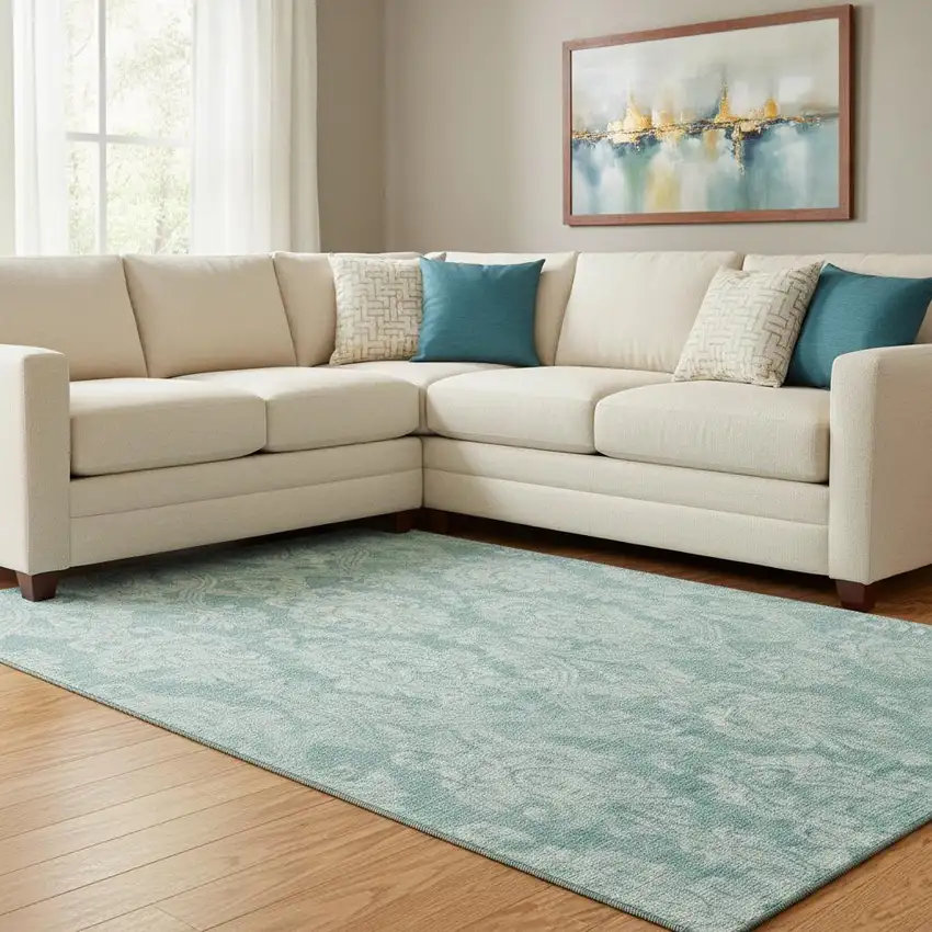 Aqua Teal And Ivory Damask Washable Area Rug With UV Protection Photo 2