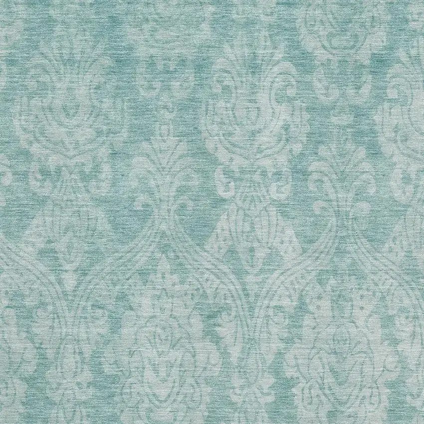 Aqua Teal And Ivory Damask Washable Area Rug With UV Protection Photo 2