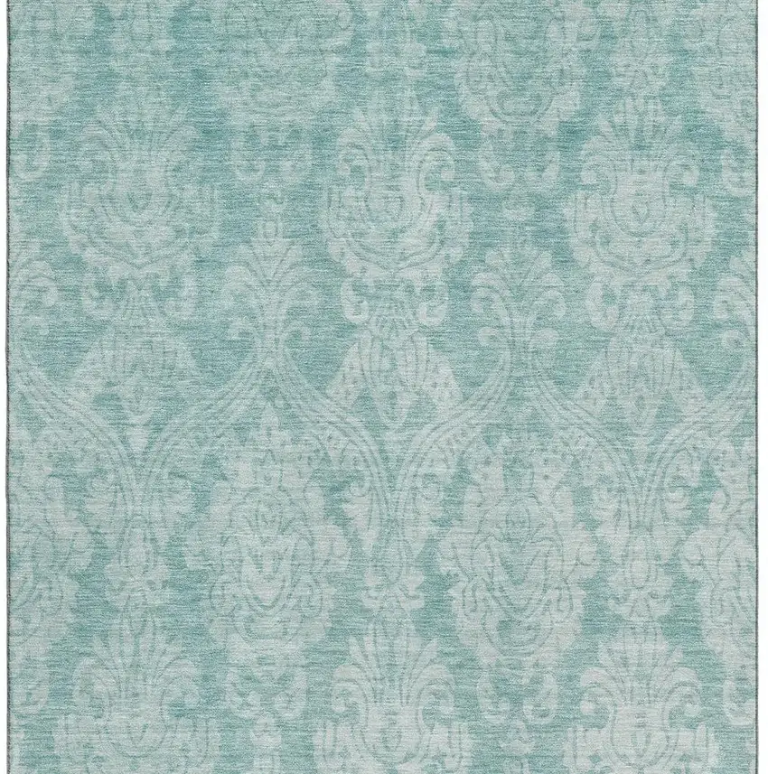 Aqua Teal And Ivory Damask Washable Area Rug With UV Protection Photo 3