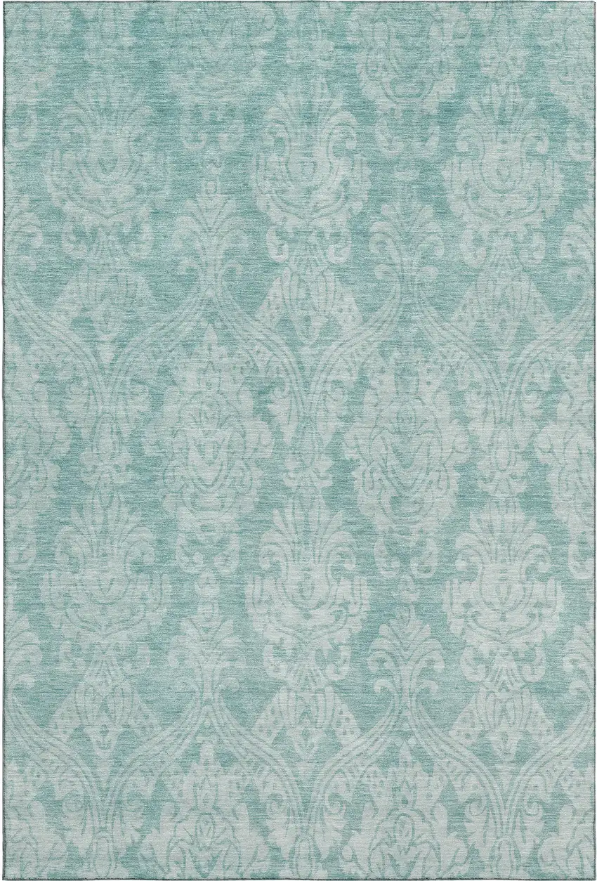 Aqua Teal And Ivory Damask Washable Area Rug With UV Protection Photo 1