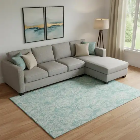 Aqua Teal And Ivory Damask Washable Area Rug With UV Protection Photo 2