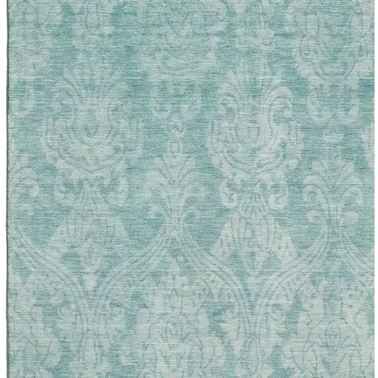 Aqua Teal And Ivory Damask Washable Area Rug With UV Protection Photo 2