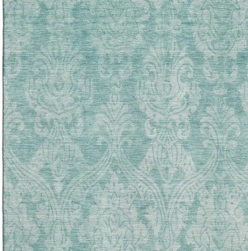 Aqua Teal And Ivory Damask Washable Area Rug With UV Protection Photo 2