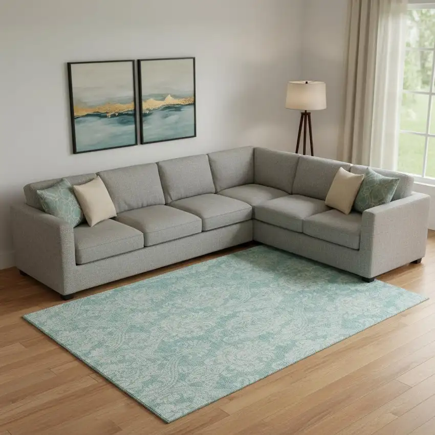 Aqua Teal And Ivory Damask Washable Area Rug With UV Protection Photo 2