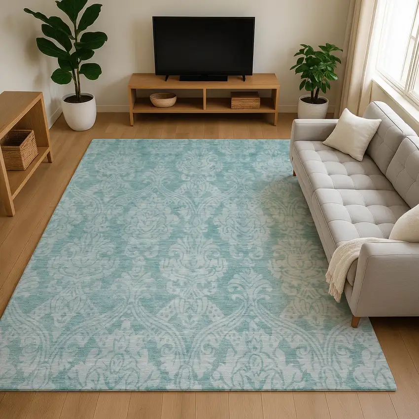 Aqua Teal And Ivory Damask Washable Area Rug With UV Protection Photo 5