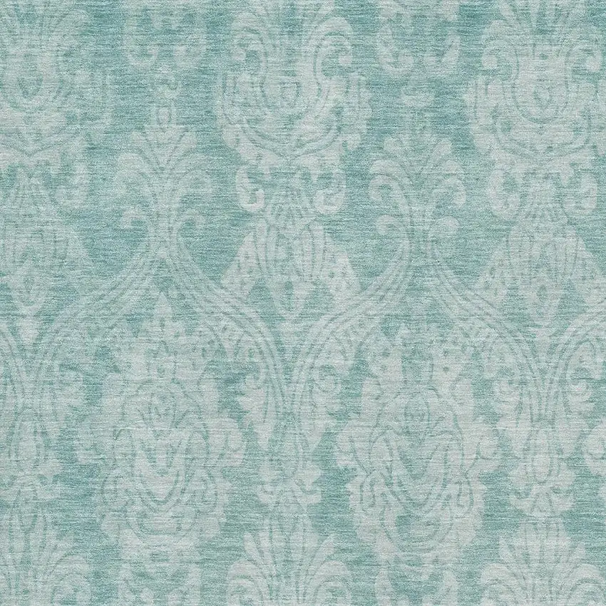 Aqua Teal And Ivory Damask Washable Area Rug With UV Protection Photo 2