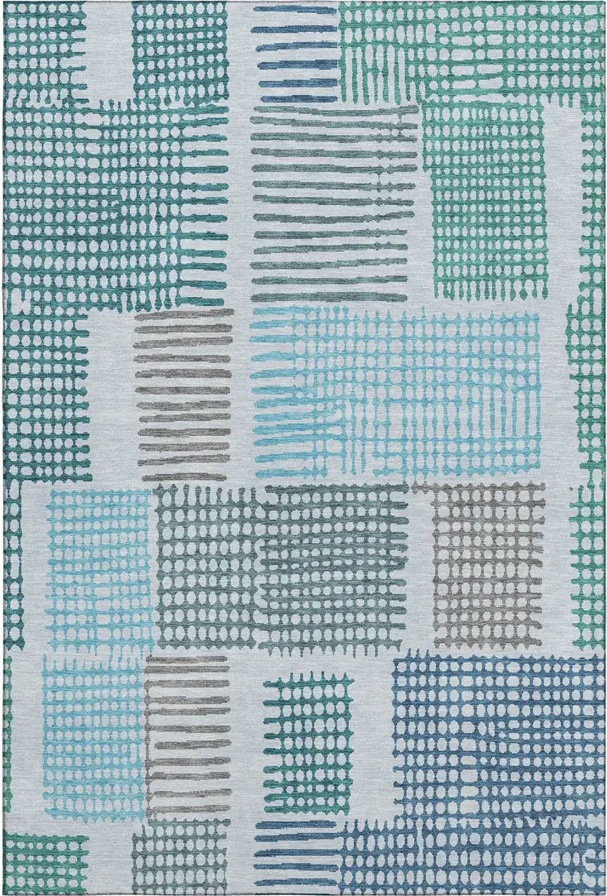 Aqua Teal And Ivory Geometric Washable Area Rug With UV Protection Photo 1