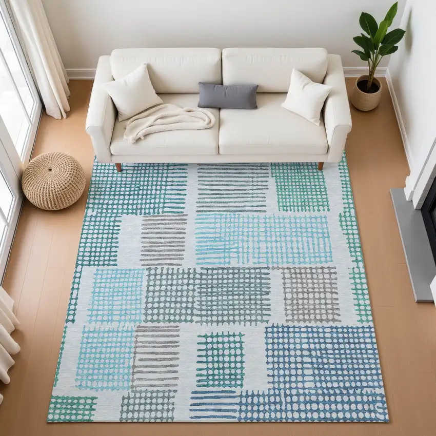 Aqua Teal And Ivory Geometric Washable Area Rug With UV Protection Photo 4