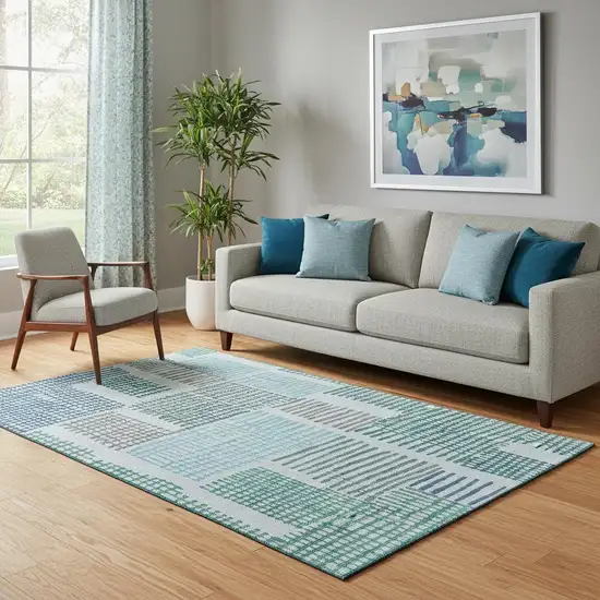 Aqua Teal And Ivory Geometric Washable Area Rug With UV Protection Photo 2