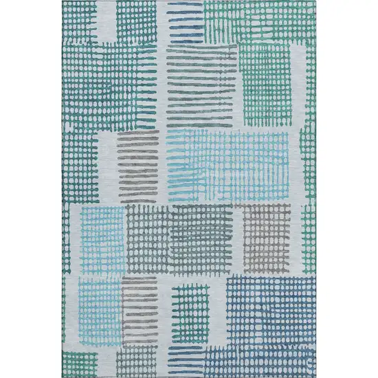 Aqua Teal And Ivory Geometric Washable Area Rug With UV Protection Photo 1