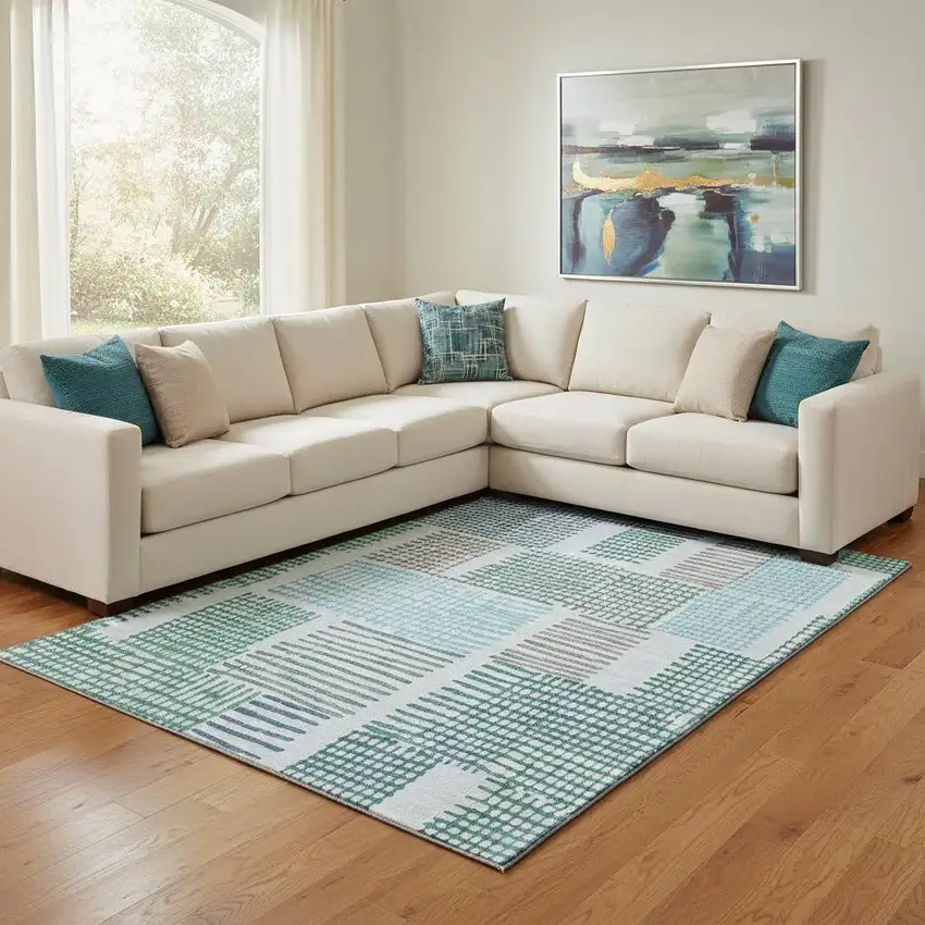 Aqua Teal And Ivory Geometric Washable Area Rug With UV Protection Photo 2