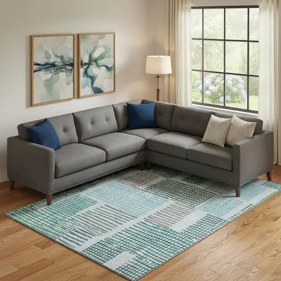 Aqua Teal And Ivory Geometric Washable Area Rug With UV Protection Photo 2