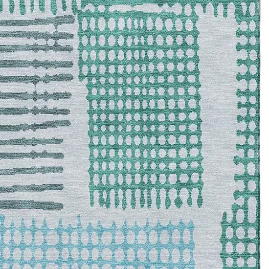 Aqua Teal And Ivory Geometric Washable Area Rug With UV Protection Photo 3