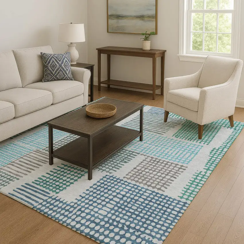 Aqua Teal And Ivory Geometric Washable Area Rug With UV Protection Photo 6