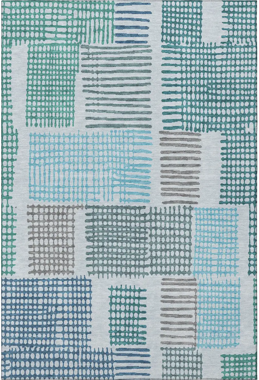 Aqua Teal And Ivory Geometric Washable Area Rug With UV Protection Photo 4