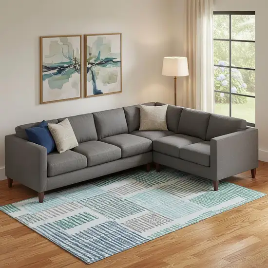 Aqua Teal And Ivory Geometric Washable Area Rug With UV Protection Photo 2