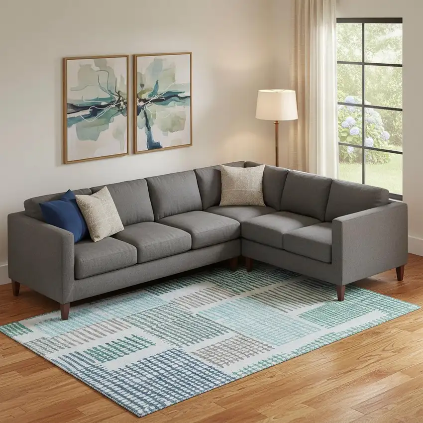 Aqua Teal And Ivory Geometric Washable Area Rug With UV Protection Photo 2