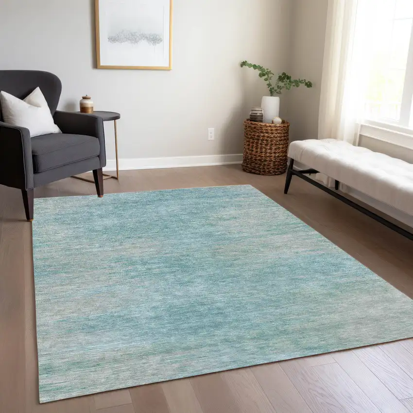 Aqua Teal Blue And Gray Abstract Washable Indoor Outdoor Area Rug Photo 9