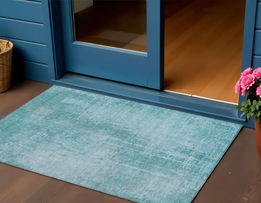 Aqua Teal Blue And Gray Abstract Washable Indoor Outdoor Area Rug Photo 6